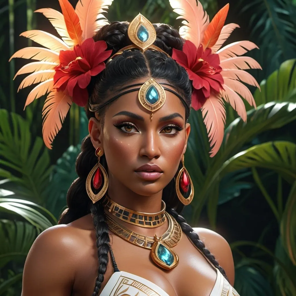 Prompt: HD 4k 3D, 8k, hyper realistic, professional modeling, ethereal Greek Goddess and Amazonian Queen, red double buns hair, dark skin, gorgeous glowing face, Amazonian Warrior armor, ametryn jewelry and diadem, Amazon warrior, tattoos, full body, tropics, adorned with flamingo feathers and tropical flowers, riding horse, surrounded by ambient divine glow, detailed, elegant, mythical, surreal dramatic lighting, majestic, goddesslike aura