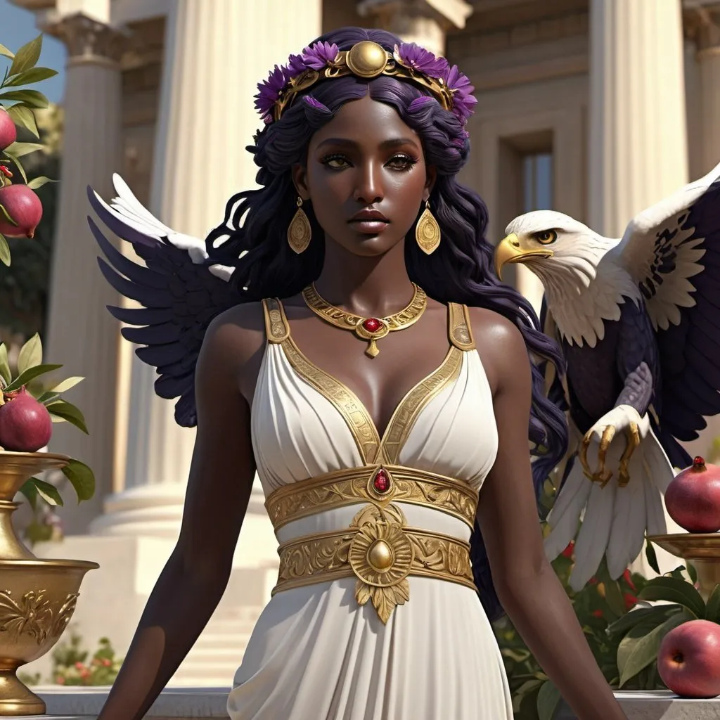 Prompt: HD 4k 3D, hyper realistic, professional modeling, ethereal Greek Goddess of Youth, dark purple hair, black skin, gorgeous face,  grecian sleeveless dress, gold jewelry and floral headband, full body, wings,  eternal youth and beauty, cup-bearer, eagle companion, pomegranates, and blooming floral garden, detailed, elegant, ethereal, mythical, Greek, goddess, surreal lighting, majestic, goddesslike aura