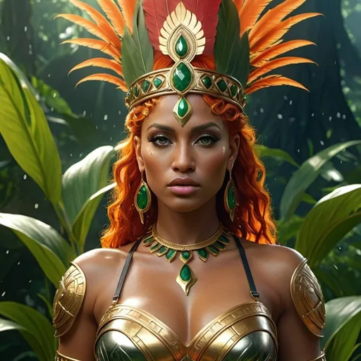 Prompt: HD 4k 3D, 8k, hyper realistic, professional modeling, ethereal Greek Goddess and Amazonian Queen, orange hair, black skin, gorgeous glowing face, Amazonian Warrior armor, red jade jewelry and crown and golden girdle, Amazon warrior, tattoos, full body, rainy green hills, adorned with cardinal feathers and gloriosa lilies, horses, surrounded by ambient divine glow, detailed, elegant, mythical, surreal dramatic lighting, majestic, goddesslike aura