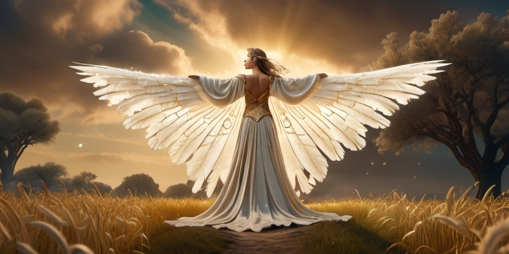 Prompt: Freja Norse Goddess of Love, beauty and gold,  hyperrealistic, HD 4k 3D 8k professional modeling photo, beautiful mixed tone maiden, enchanted, lady wears a feathered cloak and a beautiful necklace, surrounded by ambient glow in heavenly field, magical, highly detailed, intricate, mythical background, elegant, surreal lighting, majestic, goddesslike aura