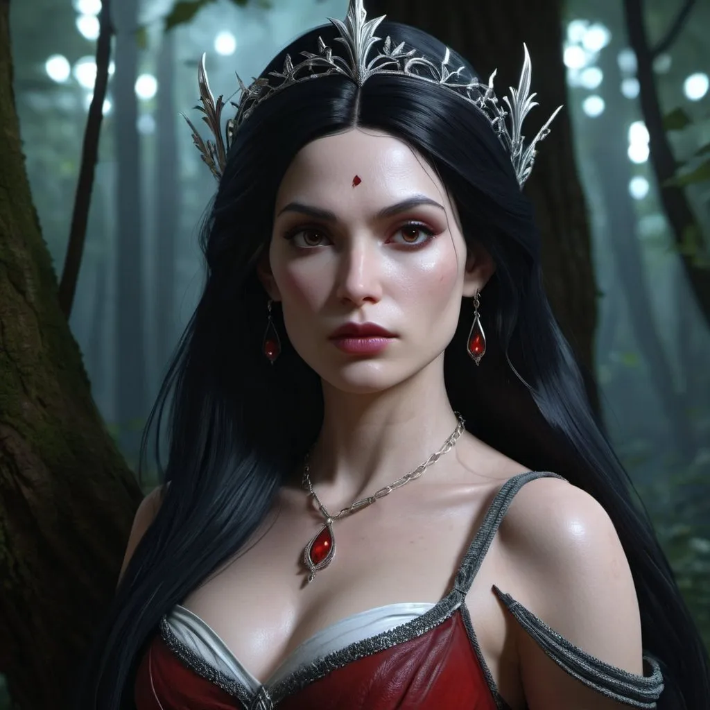 Prompt: HD 4k 3D, hyper realistic, professional modeling, enchanted Vampire Princess - Marceline, beautiful, magical, powerful, dark forest, detailed, elegant, ethereal, mythical, Greek goddess, surreal lighting, majestic, goddesslike aura