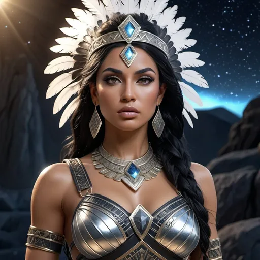 Prompt: HD 4k 3D, 8k, hyper realistic, professional modeling, ethereal Greek Goddess and Amazonian Warrior, black hair, mixed skin, gorgeous glowing face, Amazonian Warrior armor, silver hematite jewelry and crown, Amazon warrior, tattoos, full body, mountain top starry sky, adorned with silver feathers, strong, surrounded by ambient divine glow, detailed, elegant, mythical, surreal dramatic lighting, majestic, goddesslike aura