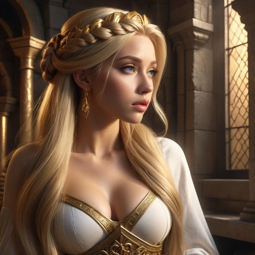 Prompt: HD 4k 3D, hyper realistic, professional modeling, enchanted modern Rapper hip hop style Rapunzel, maiden in tower, long blonde hair, beautiful, magical, detailed, highly realistic woman, elegant, ethereal, mythical, Greek goddess, surreal lighting, majestic, goddesslike aura, Annie Leibovitz style 