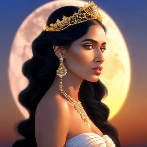 Prompt: HD 4k 3D, hyper realistic, professional modeling, ethereal Greek goddess of sunset, soft white hair, black skin, gorgeous face, pinkish red evening gown, elegant jewelry and tiara, full body, soft ambient glow of sunset on the horizon, alluring goddess, evening sky, sun setting in the sky, detailed, elegant, ethereal, mythical, Greek, goddess, surreal lighting, majestic, goddesslike aura