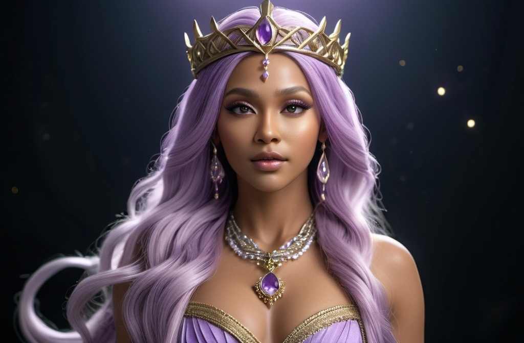 Prompt: Hariasa Norse Goddess of Hair,  hyper realistic, HD 4k 3D, professional modeling, ethereal, light purple long flowing hair, olive skin, gorgeous face, gorgeous jewelry and tiara, full body, ambient glow, detailed, elegant, ethereal, mythical, goddess, moody lighting, majestic, goddesslike aura, Norse Mythology