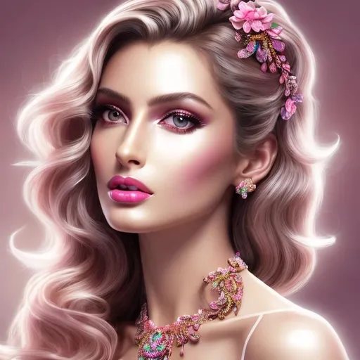 Prompt: HD 4k 3D 8k professional modeling photo hyper realistic beautiful woman ethereal greek goddess of fame
long beach wavy blush pink hair hazel eyes gorgeous face with makeup black skin shiny dress with gems ornate jewelry headband angel wings she is holding a trumpet full body surrounded by ambient glow hd landscape background pastel colored clouds 
