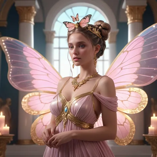 Prompt: HD 4k 3D, 8k, hyper realistic, professional modeling, ethereal Greek Goddess of the Soul, pink double braided buns, fair skin, gorgeous face, iridescent dress and woman with butterfly wings, jewelry and crown, awakening in a magical palace of gems and gold , surrounded by ambient divine glow, detailed, elegant, ethereal, mythical, Greek, goddess, surreal lighting, majestic, goddesslike aura