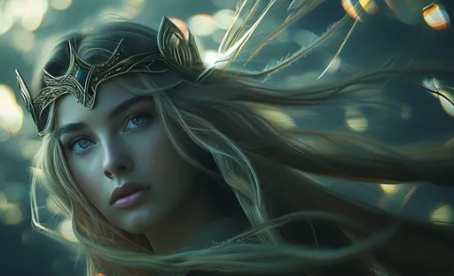 Prompt: Valkyrie Herfjötur,  pre-Raphaelite time-lapse motion blur, High resolution, detailed portrait, ethereal atmosphere,  flowing hair, captivating eyes, cosmic mystical aura, vibrant colors, soft lighting, professional, digital painting, enchanting presence, fantasy, dreamy, female, mystical, detailed hair, captivating gaze, professional lighting, hyper realistic, HD 4k 3D, professional modeling, ethereal, gorgeous face, ambient divine glow, detailed and intricate, elegant, ethereal, mythical, goddess, radiant lighting, 