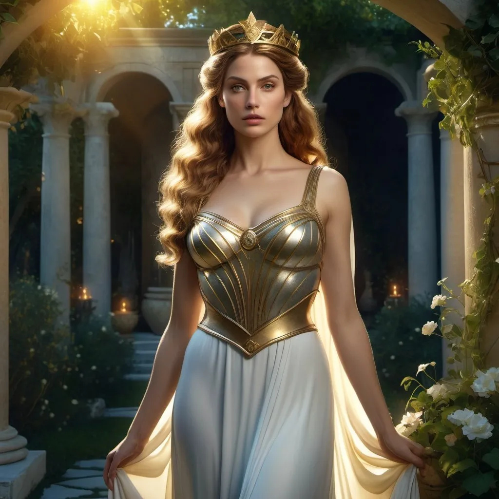 Prompt: HD 4k 3D 8k professional modeling photo hyper realistic beautiful woman Princess of Genovia ethereal greek goddess gorgeous face full body surrounded by ambient glow, enchanted, magical, detailed, highly realistic woman, high fantasy background, European garden countryside, elegant, mythical, surreal lighting, majestic, goddesslike aura, Annie Leibovitz style 

