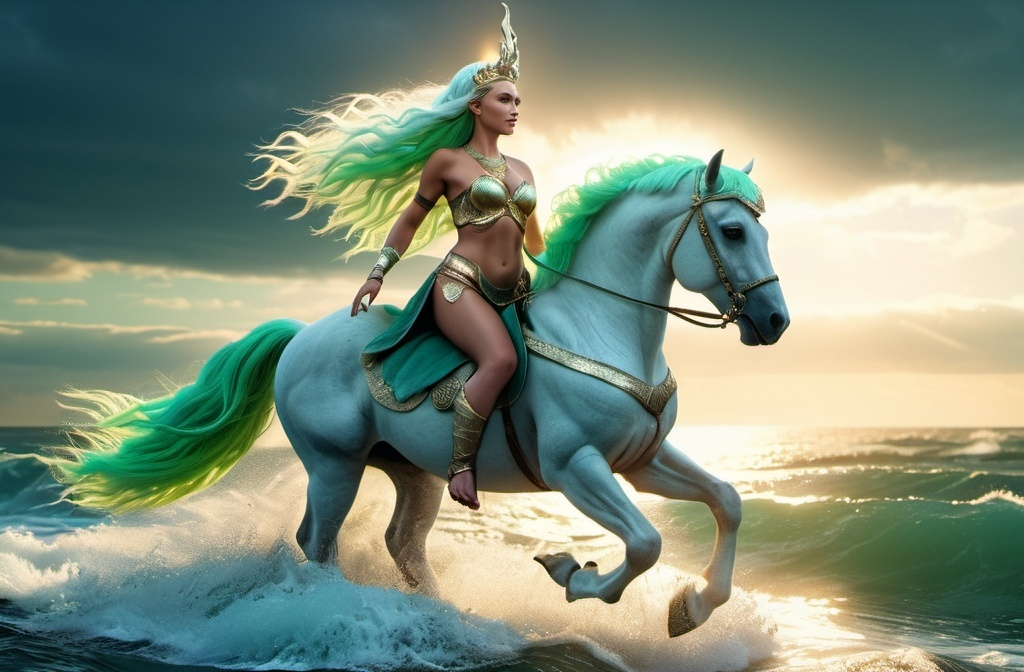 Prompt: Gna Norse Messenger Goddess,  hyper realistic, HD 4k 3D, professional modeling, ethereal, light green hair, medium skin, gorgeous face, gorgeous jewelry and headpiece, full body, she rides a flying sea-treading white horse, ambient glow, ocean landscape, detailed, elegant, ethereal, mythical, goddess, moody lighting, majestic, goddesslike aura, Norse Mythology