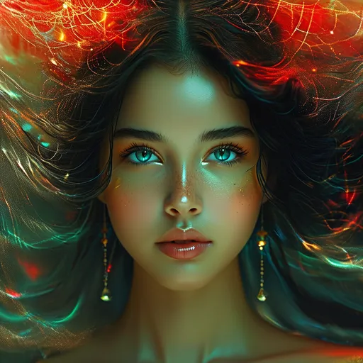 Prompt: Nortia, red Roman Goddess of Destiny, pre-Raphaelite time-lapse motion blur Abstract* cyber graffiti, High resolution, detailed portrait, Midjourney style, ethereal atmosphere, flowing hair, captivating eyes, cosmic mystical aura, vibrant colors, soft lighting, professional, digital painting, enchanting presence, fantasy, dreamy, female, mystical, detailed hair, captivating gaze, professional lighting, hyper realistic, HD 4k 3D, professional modeling, ethereal, gorgeous face, ambient divine glow, detailed and intricate, elegant, ethereal, mythical, goddess, radiant lighting, darkness, night, spiders