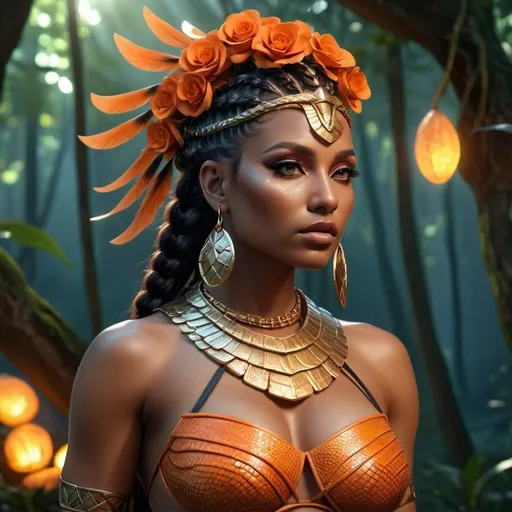 Prompt: HD 4k 3D, 8k, hyper realistic, professional modeling, ethereal Greek Goddess and Amazonian Queen, orange french braided hair, dark skin, gorgeous glowing face, Amazonian Warrior reptile scales armor, red jewelry and headband, Amazon warrior, tattoos, full body, forest at dusk, deer companions, surrounded by ambient divine glow, detailed, elegant, mythical, surreal dramatic lighting, majestic, goddesslike aura