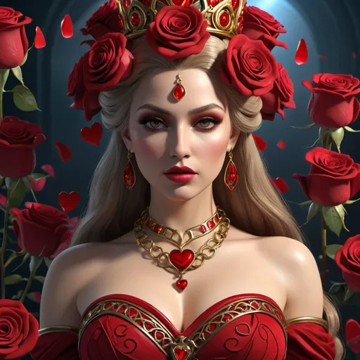 Prompt: HD 4k 3D, hyper realistic, professional modeling, enchanted evil Princess of Hearts, fierce, beautiful, magical, Wonderland, red roses, detailed, elegant, ethereal, mythical, Greek goddess, surreal lighting, majestic, goddesslike aura