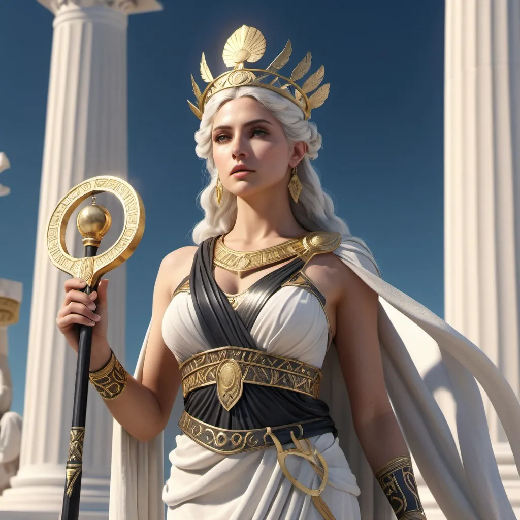 Prompt: HD 4k 3D, hyper realistic, professional modeling, ethereal Greek Muse of History, straight white hair, fair skin, gorgeous face, grecian warrior outfit, onyx jewelry and laurel crown, full body, proclaimer, glorious, holding scrolls and lyre, on mount olympus, detailed, elegant, ethereal, mythical, Greek, goddess, surreal lighting, majestic, goddesslike aura