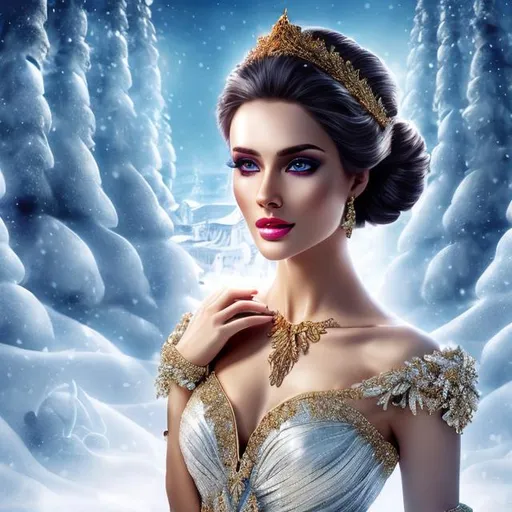 Prompt: HD 4k 3D 8k professional modeling photo hyper realistic beautiful woman ethereal greek goddess of true calling
white hair bun updo brown eyes gorgeous face mixed skin shimmering flowing winter dress ornate jewelry winter crown full body surrounded by ambient glow hd landscape background mystical winter wonderland in greek mountain ice cave
