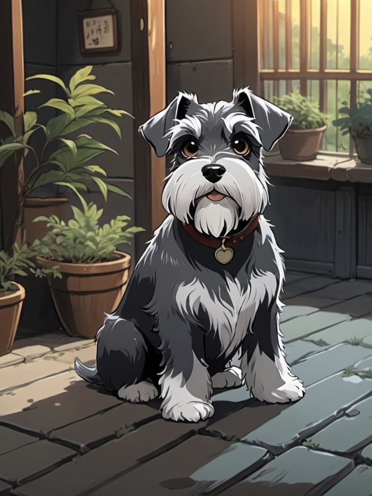 Prompt: 2d studio ghibli anime style, anime scene, black and white mini schnauzer, anime scene