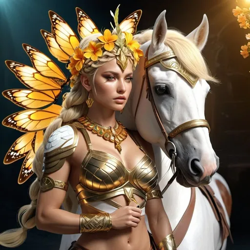 Prompt: HD 4k 3D, 8k, hyper realistic, professional modeling, ethereal Greek Goddess and Amazonian Warrior, blonde braided hair, white skin, gorgeous glowing face, Amazonian Warrior armor, citrine jewelry and headpiece, Amazon warrior, tattoos, full body, fierce, adorned with butterflies and alstroemeria flowers, riding a mare, surrounded by ambient divine glow, detailed, elegant, mythical, surreal dramatic lighting, majestic, goddesslike aura