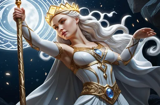 Prompt: tarot card illustration, Dis Norse Goddess of protection, hyperrealistic, HD 4k 3D 8k professional modeling photo, beautiful white maiden, enchanted, battle magic, surrounded by ambient glow, magical, highly detailed, intricate, mythical background, elegant, surreal lighting, majestic, goddesslike aura