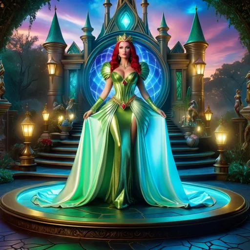 Prompt: HD 4k 3D 8k professional modeling photo hyper realistic beautiful woman enchanted, Oz Princess Gaylette, Gayelette was an ancient princess and sorceress who lived in a ruby palace in the northern quadrant called Gillikin Country of the Land of Oz., full body surrounded by ambient glow, magical, highly detailed, intricate, outdoor  landscape, high fantasy background, elegant, mythical, surreal lighting, majestic, goddesslike aura, Annie Leibovitz style 