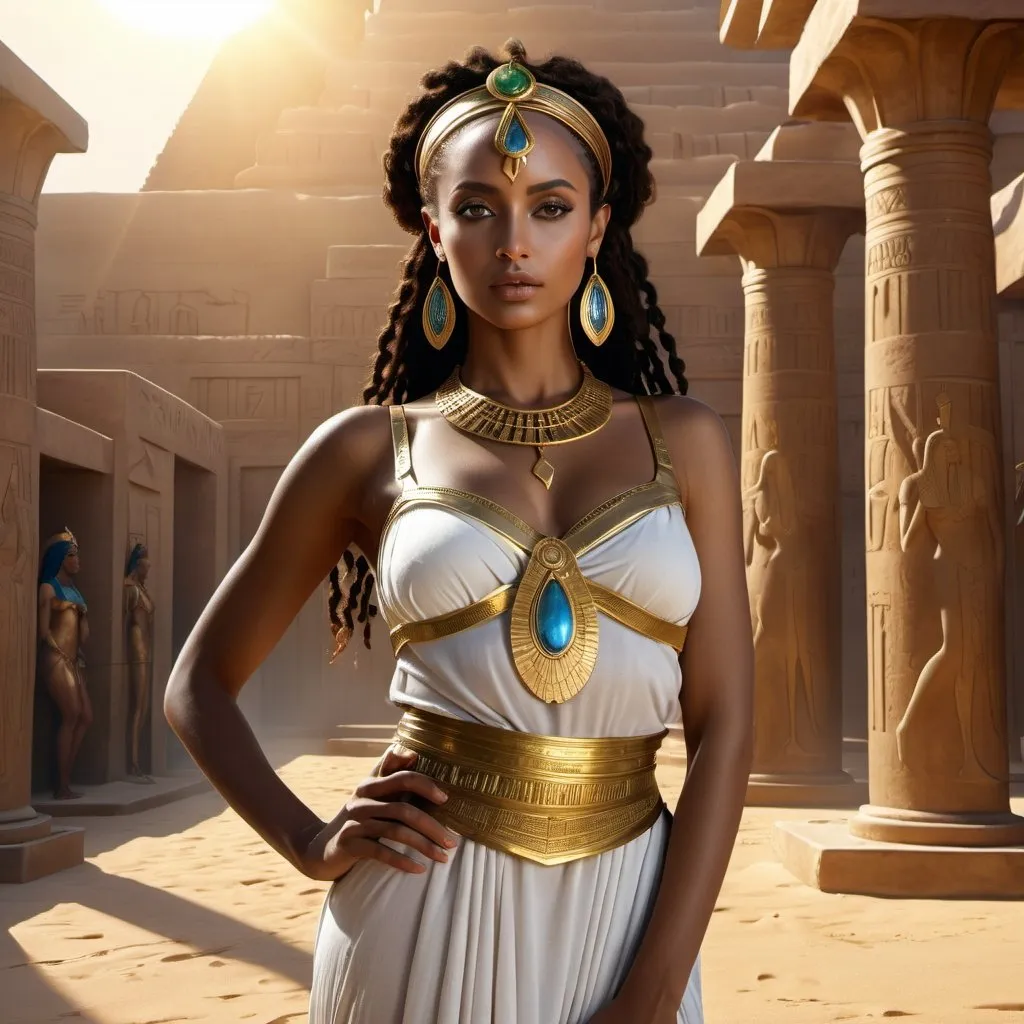 Prompt: HD 4k 3D 8k professional modeling photo hyper realistic beautiful woman enchanted Ethiopian slave Princess Aida, ethereal greek goddess, full body surrounded by ambient glow, magical, highly detailed, intricate, beautiful Egypt, operetta, outdoor landscape, highly realistic woman, high fantasy background, elegant, mythical, surreal lighting, majestic, goddesslike aura, Annie Leibovitz style 

