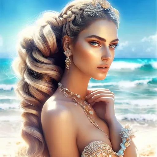Prompt: HD 4k 3D, hyper realistic, professional modeling, ethereal Greek goddess of good mood, black and white hair french braid, white skin, blue airy gown, gorgeous face, seashell jewelry and headpiece, full body, ambient glow, beach staring into mirror, crabs on beach, detailed, elegant, ethereal, mythical, Greek, goddess, surreal lighting, majestic, goddesslike aura