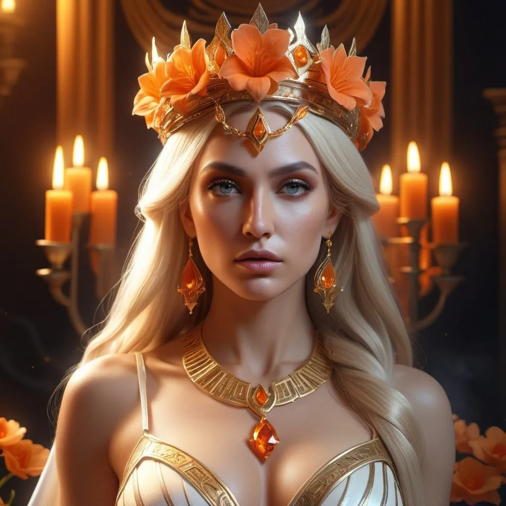Prompt: HD 4k 3D, 8k, hyper realistic, professional modeling, ethereal Greek Goddess Evil Sorceress, blonde half up hair, beige skin, gorgeous glowing face, sorcerer gown, orange gemstone jewelry and crown, magic, poison, snapdragon flowers, surrounded by ambient divinity glow, detailed, elegant, mythical, surreal dramatic lighting, majestic, goddesslike aura