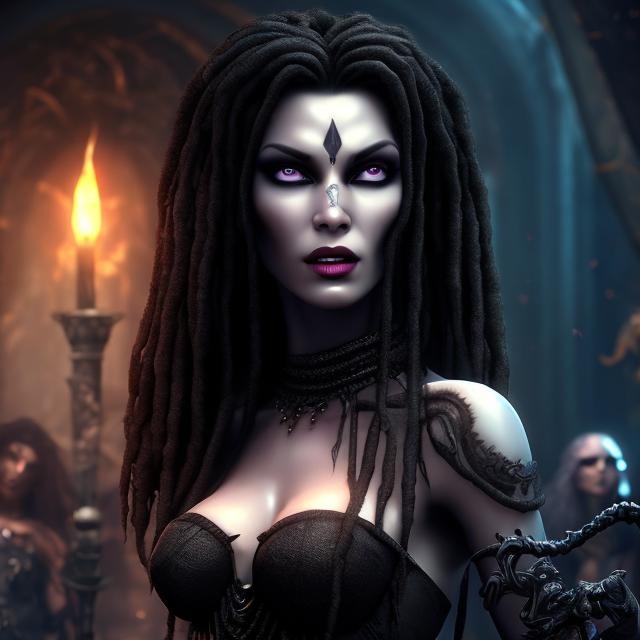 Prompt: HD 4k 3D 8k professional modeling photo hyper realistic beautiful twin evil demon women ethereal greek goddesses of insanity
black dreadlock hair dark eyes gorgeous face fair skin silk goth dress tattoos full body surrounded by evil glow hd landscape background two women in underworld surrounded by ghosts and spirits