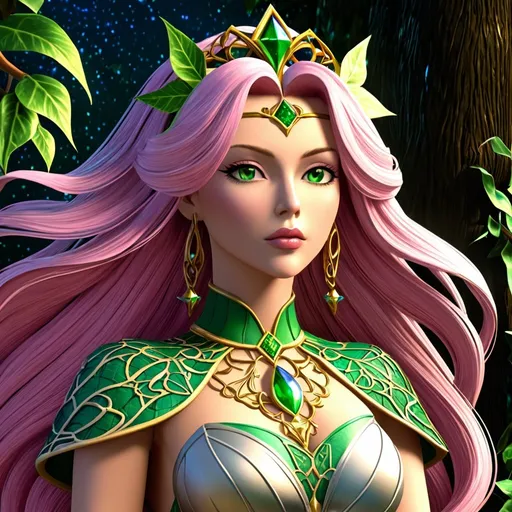 Prompt: anime, girl, detailed, very detailed, anime, girl, detailed, pink hair, very detailed, HD 4k 3D 8k professional modeling photo hyper realistic beautiful woman enchanted, Princess Ivy of Xanth, She can enhance people and objects; for example, by improving their endurance and aim. Ivy is capable of enhancing any quality she desires, or even to make things as she unconsciously perceives them, She has blonde hair with a tinge of green, close up surrounded by ambient glow, magical, highly detailed, intricate, outdoor  landscape, high fantasy background, elegant, mythical, surreal lighting, majestic, goddesslike aura, Annie Leibovitz style 