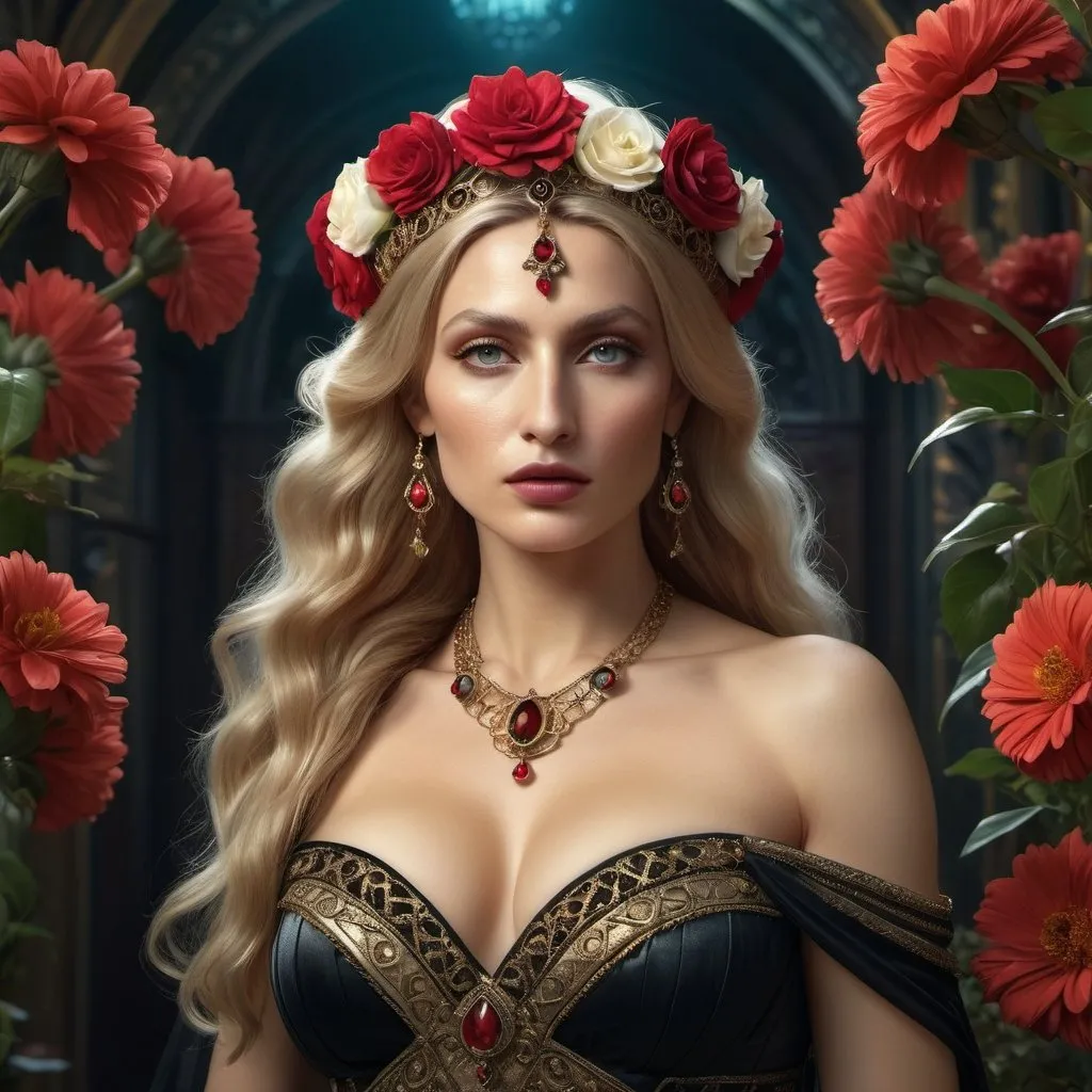 Prompt: HD 4k 3D 8k professional modeling photo hyper realistic beautiful woman Gypsy Princess ethereal greek goddess 
blonde hair fair skin gorgeous face  jewelry tiara  full body surrounded by ambient glow, flowers vegetation, enchanted, magical, detailed, highly realistic woman, high fantasy Transylvania gothic background, elegant, mythical, surreal lighting, majestic, goddesslike aura, red and black flowers, Annie Leibovitz style 

