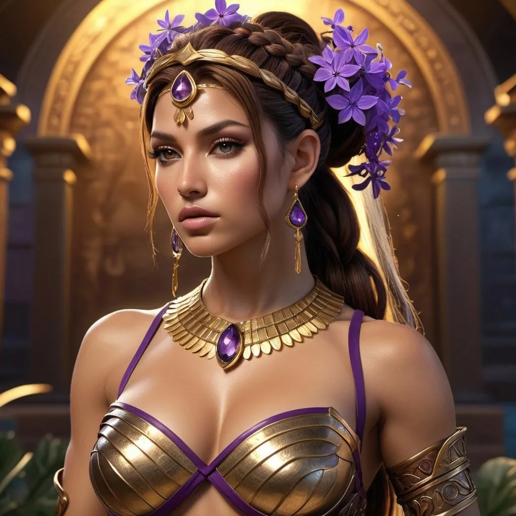 Prompt: HD 4k 3D, 8k, hyper realistic, professional modeling, ethereal Greek Goddess and Amazonian Warrior, brown double ponytail hair, medium skin, gorgeous glowing face, Amazonian Warrior armor, amethyst jewelry and tiara, Amazon warrior, tattoos, full body, Mediterranean island, adorned with verbena flowers, challenging and confrontational, surrounded by ambient divine glow, detailed, elegant, mythical, surreal dramatic lighting, majestic, goddesslike aura