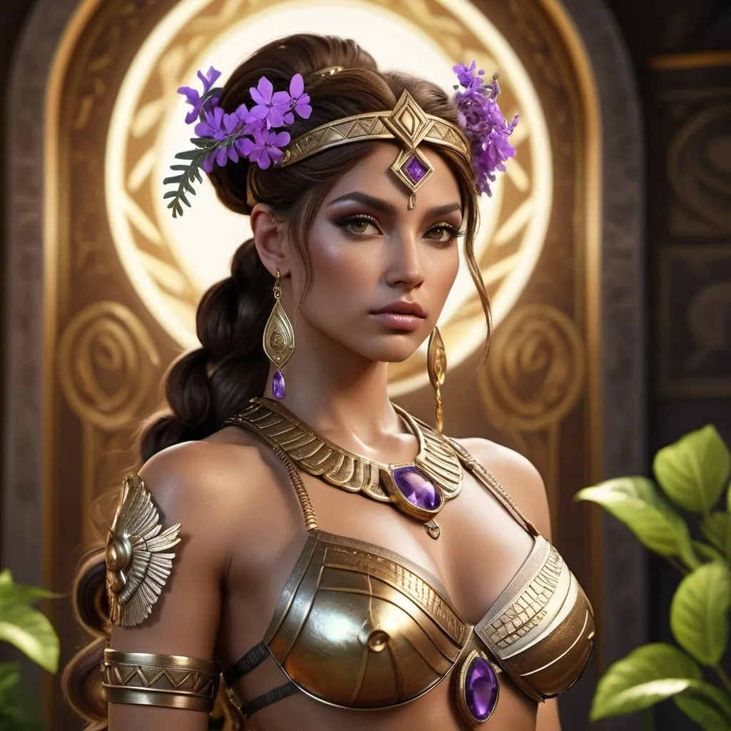 Prompt: HD 4k 3D, 8k, hyper realistic, professional modeling, ethereal Greek Goddess and Amazonian Warrior, brown double ponytail hair, medium skin, gorgeous glowing face, Amazonian Warrior armor, amethyst jewelry and tiara, Amazon warrior, tattoos, full body, Mediterranean island, adorned with verbena flowers, challenging and confrontational, surrounded by ambient divine glow, detailed, elegant, mythical, surreal dramatic lighting, majestic, goddesslike aura