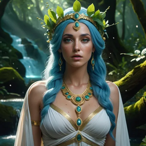 Prompt: HD 4k 3D, 8k, hyper realistic, professional modeling, ethereal Greek Goddess and Ruler, blue hair, tan freckled skin, gorgeous glowing face, beautiful robes, green jewelry and headpiece, fleeing through dark forest, wild river, hypericum berries, surrounded by ambient divinity glow, detailed, elegant, mythical, surreal dramatic lighting, majestic, goddesslike aura
