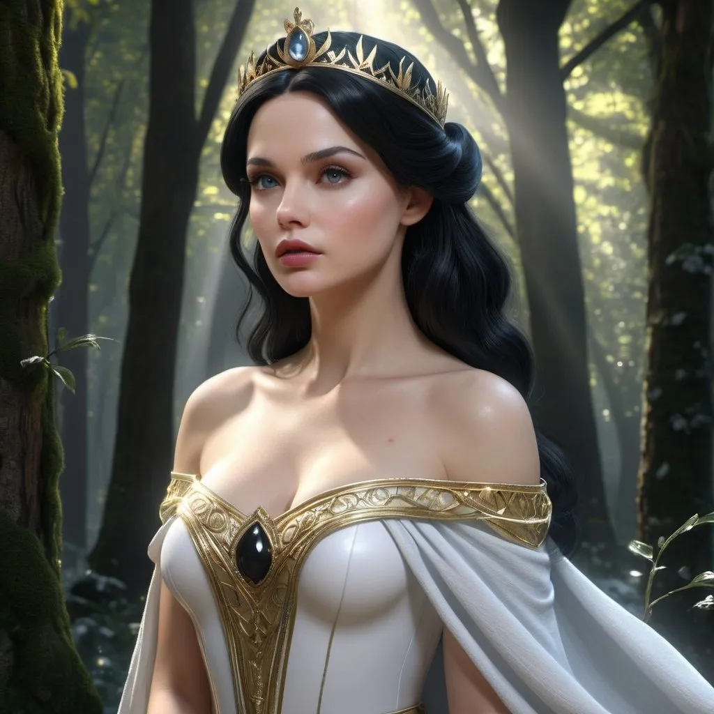 Prompt: HD 4k 3D, hyper realistic, professional modeling, enchanted German Princess - Snow White, black hair, beautiful, magical, beautiful forest, detailed, elegant, ethereal, mythical, Greek goddess, surreal lighting, majestic, goddesslike aura