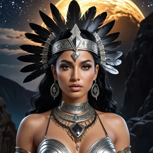 Prompt: HD 4k 3D, 8k, hyper realistic, professional modeling, ethereal Greek Goddess and Amazonian Warrior, black hair, mixed skin, gorgeous glowing face, Amazonian Warrior armor, silver hematite jewelry and crown, Amazon warrior, tattoos, full body, mountain top starry sky, adorned with black feathers, strong, surrounded by ambient divine glow, detailed, elegant, mythical, surreal dramatic lighting, majestic, goddesslike aura