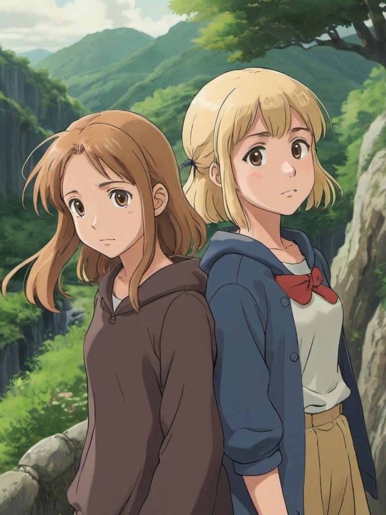 Prompt: 2d studio ghibli anime style, brown haired girl, blonde haired girl, anime scenery