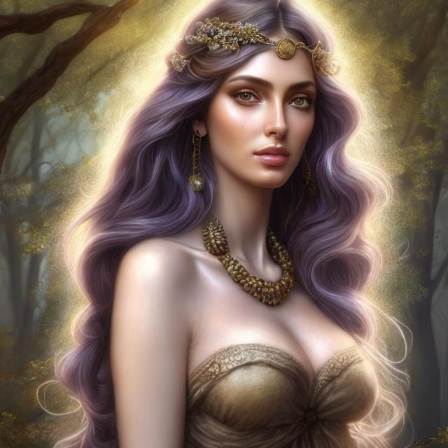 Prompt: HD 4k 3D, hyper realistic, professional modeling, ethereal Greek goddess of ash trees, purple hair, tan skin, gorgeous face, gorgeous rustic inspired dress, rustic jewelry and rustic headband, full body, ambient glow, ash tree nymph, landscape, detailed, elegant, ethereal, mythical, Greek, goddess, surreal lighting, majestic, goddesslike aura