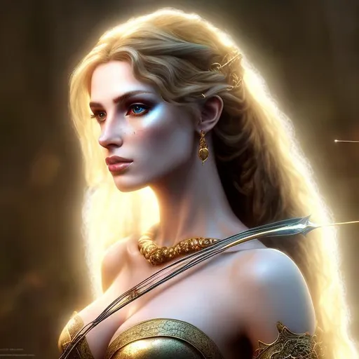 Prompt: HD 4k 3D, hyper realistic, professional modeling, ethereal Greek goddess of distance, gold ombre hair, pale freckled skin, gorgeous face, gorgeous archer armor,  rustic jewelry and headband, full body, ambient glow, archery maiden, nymph, landscape, detailed, elegant, ethereal, mythical, Greek, goddess, surreal lighting, majestic, goddesslike aura