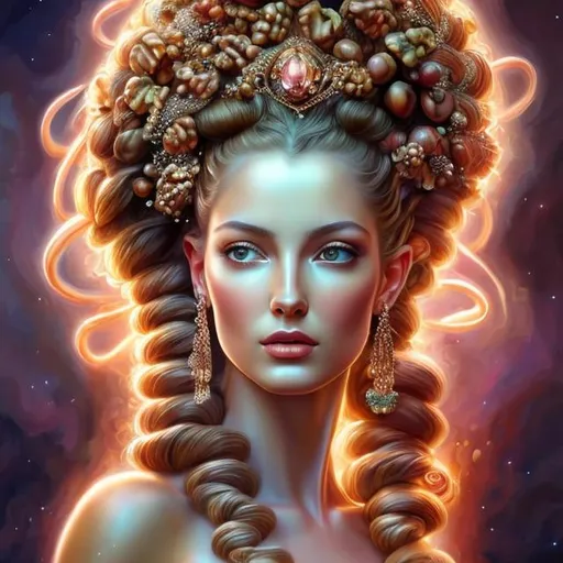 Prompt: HD 4k 3D, hyper realistic, professional modeling, ethereal  Greek goddess of walnuts and hazelnuts, pink dutch braids hair, black skin, gorgeous face, gorgeous tree dress, tree jewelry and walnut hazelnut crown, full body, ambient glow, walnut and hazelnut tree nymph, landscape, detailed, elegant, ethereal, mythical, Greek, goddess, surreal lighting, majestic, goddesslike aura