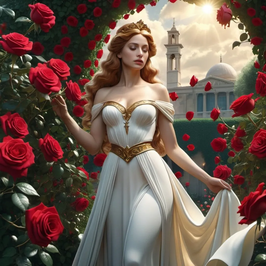 Prompt: HD 4k 3D, hyper realistic, professional modeling, enchanted French goddess mythology Princess, beautiful, magical, detailed, highly realistic woman, high fantasy French red rose garden landscape, elegant, ethereal, mythical, Greek goddess, surreal lighting, majestic, goddesslike aura, Annie Leibovitz style 