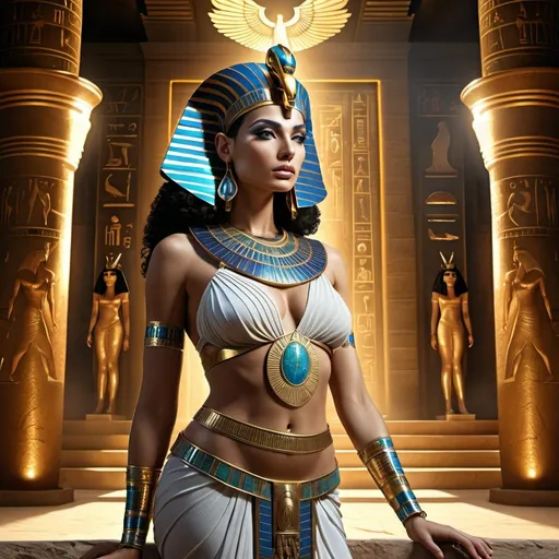 Prompt: HD 4k 3D 8k professional modeling photo hyper realistic beautiful woman Egyptian Princess ethereal greek goddess Amunet, primordial cosmic goddess, full body surrounded by ambient glow, Egyptian afterlife, enchanted, magical, highly detailed, intricate, highly realistic woman, high fantasy background, elegant, mythical, surreal lighting, majestic, goddesslike aura, Annie Leibovitz style 

