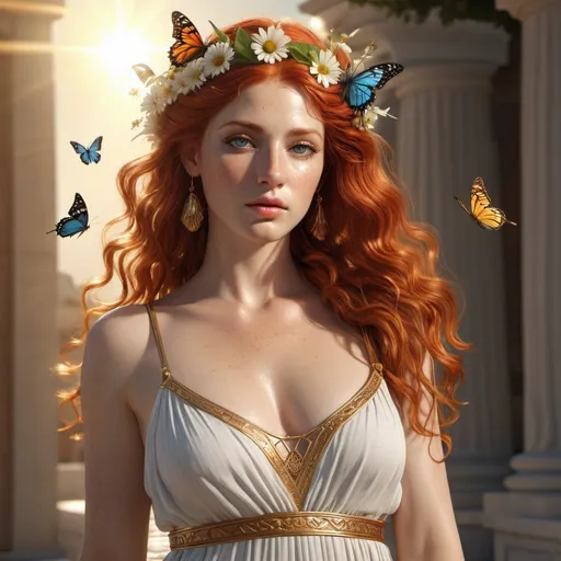 Prompt: HD 4k 3D, hyper realistic, professional modeling, ethereal Greek goddess of Summer, bright red hair, fair freckled skin, gorgeous face, greek sundress, summer jewelry and sun crown, full body, embodiment of summertime, abundant sunshine, youthful, butterflies and birds, detailed, elegant, ethereal, mythical, Greek, goddess, surreal lighting, majestic, goddesslike aura