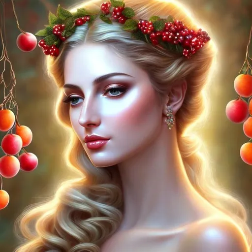 Prompt: HD 4k 3D, hyper realistic, professional modeling, ethereal  Greek goddess of fruit trees, white pulled back hair, fair skin, gorgeous face, gorgeous fruit tree dress, tree jewelry and fruit crown, full body, ambient glow, fruit tree nymph, landscape, detailed, elegant, ethereal, mythical, Greek, goddess, surreal lighting, majestic, goddesslike aura