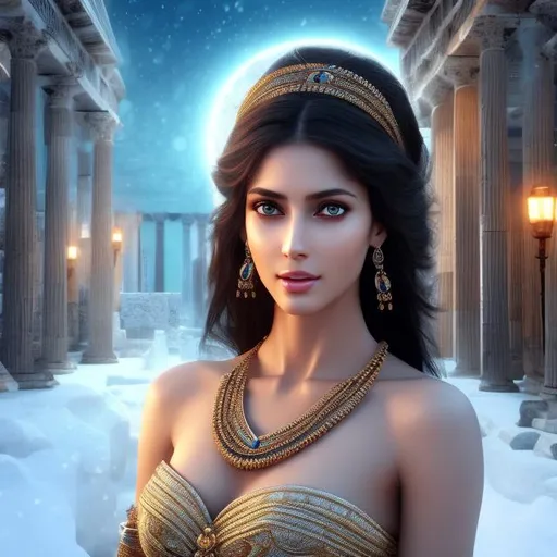 Prompt: HD 4k 3D 8k professional modeling photo hyper realistic beautiful woman ethereal greek goddess of beggary
black hair blue eyes dark skin gorgeous face simple greek dress simple jewelry simple headband streets of ancient greece full body surrounded by ambient glow hd landscape background during winter time 
