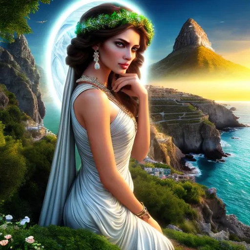 Prompt: HD 4k 3D 8k professional modeling photo hyper realistic beautiful priestess woman ethereal greek goddess of safety and salvation
rose colored hair green eyes pale skin gorgeous face grecian gown evil eye jewelry laurel wreath crown  full body surrounded by ambient holy glow hd landscape background greek coastline lambs and sheep in background
