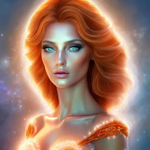 Prompt: HD 4k 3D, hyper realistic, professional modeling, ethereal Greek goddess of healing, red and orange hair, tan skin, gorgeous face, gorgeous sorceress gown, crystal jewelry and diadem, full body, ambient glow, healing goddess, clean white mystical landscape, detailed, elegant, ethereal, mythical, Greek, goddess, surreal lighting, majestic, goddesslike aura