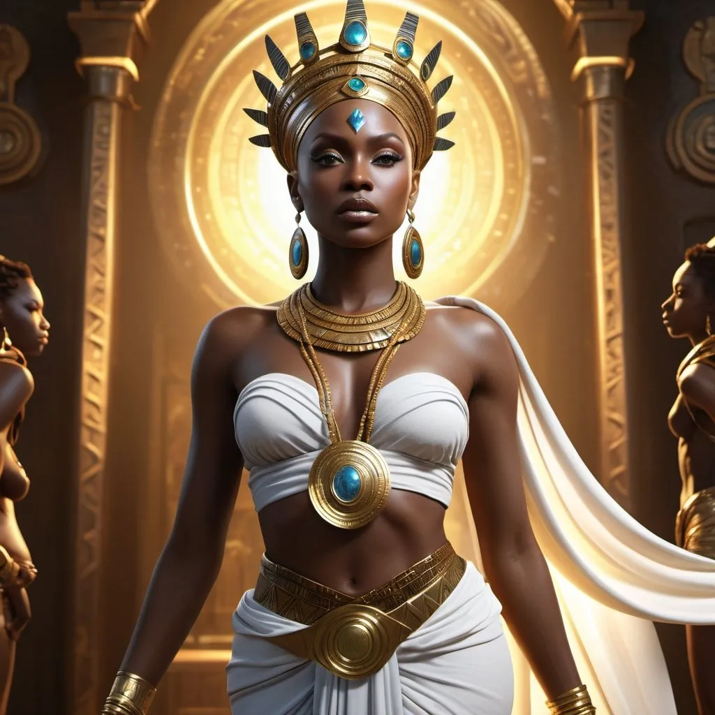 Prompt: HD 4k 3D, hyper realistic, professional modeling, enchanted African goddess mythology Princess, beautiful, magical, detailed, highly realistic woman, high fantasy background, Africa, elegant, ethereal, mythical, Greek goddess, surreal lighting, majestic, goddesslike aura, Annie Leibovitz style 