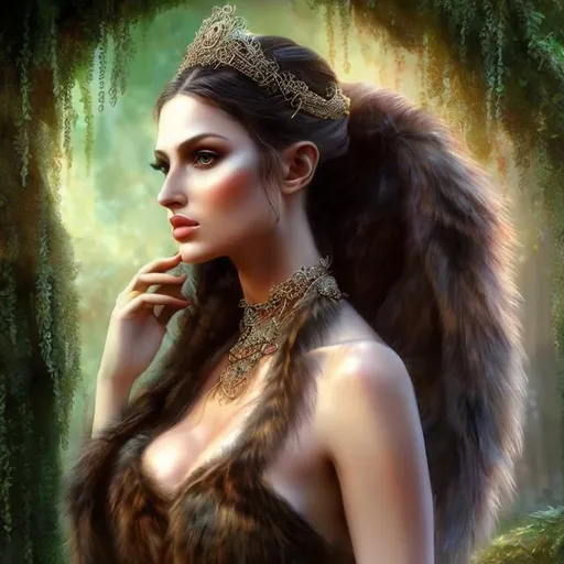 Prompt: HD 4k 3D, hyper realistic, professional modeling, ethereal raving, ecstatic Greek goddesses, brown ponytail hair, fair skin, gorgeous face, animal pelt and fur dresses , rustic jewelry and ivy tiara, full body, ambient glow, dancing in forest, landscape, detailed, elegant, ethereal, mythical, Greek, goddess, surreal lighting, majestic, goddesslike aura