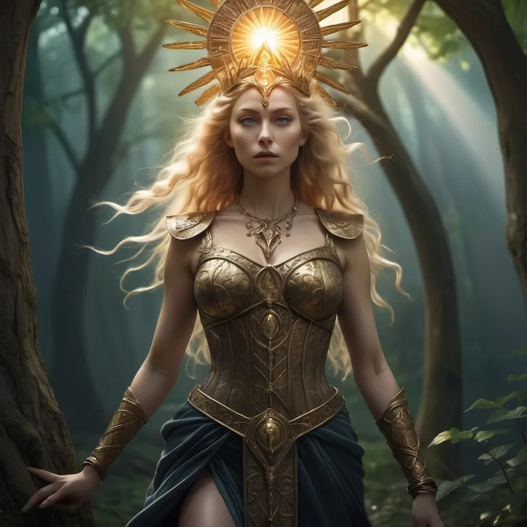 Prompt: tarot card Anime illustration, Baduhenna Norse Goddess of war, hyperrealistic dramatic lighting,HD 4k 3D 8k professional modeling photo, beautiful woman enchanted, sacred groves, full body surrounded by ambient glow, magical, highly detailed, intricate, outdoor  landscape, high fantasy background, elegant, mythical, surreal lighting, majestic, goddesslike aura, Annie Leibovitz style 