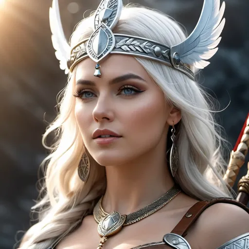 Prompt: Rheda Norse Goddess of War Victory, hyper realistic, HD 4k 3D, professional modeling, ethereal, white hair, fair skin, gorgeous face, gorgeous jewelry and headband, Valkyrie warrior strong and proud, ambient glow, detailed, elegant, ethereal, mythical, goddess, radiant lighting, majestic, goddesslike aura, Norse Viking Mythology