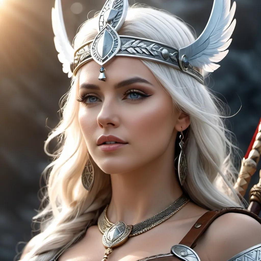 Prompt: Rheda Norse Goddess of War Victory, hyper realistic, HD 4k 3D, professional modeling, ethereal, white hair, fair skin, gorgeous face, gorgeous jewelry and headband, Valkyrie warrior strong and proud, ambient glow, detailed, elegant, ethereal, mythical, goddess, radiant lighting, majestic, goddesslike aura, Norse Viking Mythology